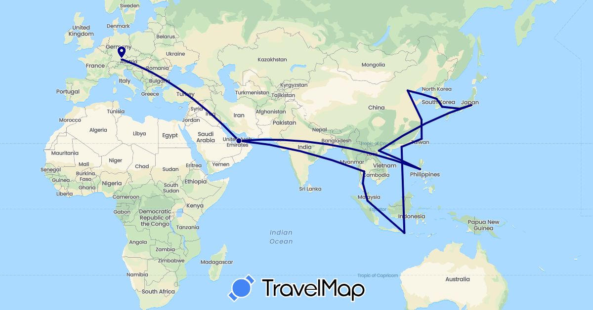 TravelMap itinerary: driving in United Arab Emirates, China, Germany, Indonesia, Japan, South Korea, Malaysia, Philippines, Thailand, Taiwan, Vietnam (Asia, Europe)