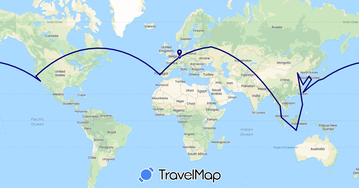TravelMap itinerary: driving in China, Germany, Indonesia, Japan, South Korea, Malaysia, Philippines, Portugal, Russia, Thailand, Taiwan, United States (Asia, Europe, North America)