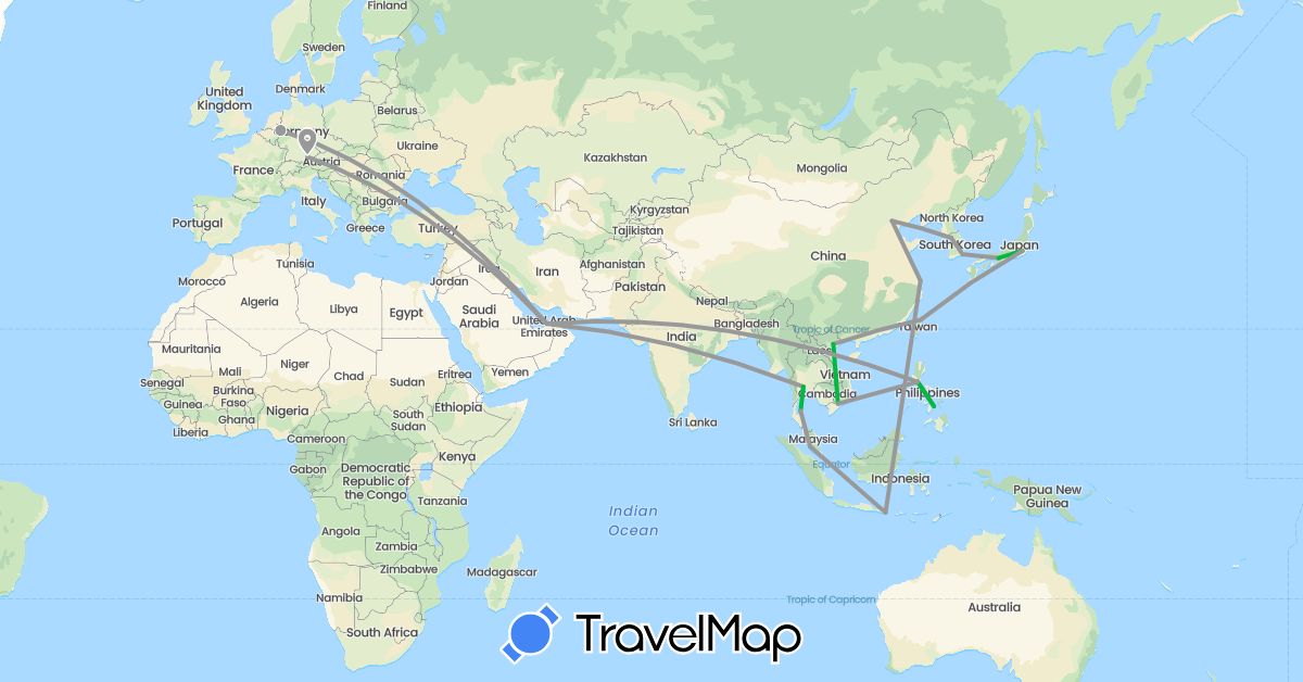 TravelMap itinerary: driving, bus, plane in United Arab Emirates, China, Germany, Indonesia, Japan, South Korea, Malaysia, Philippines, Thailand, Taiwan, Vietnam (Asia, Europe)